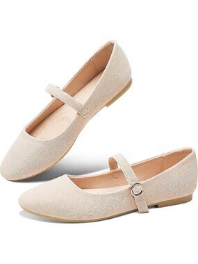 Women's Beige Mary Jane Round Toe Ballet Flats Classic Strap Dressy Fabric Shoes